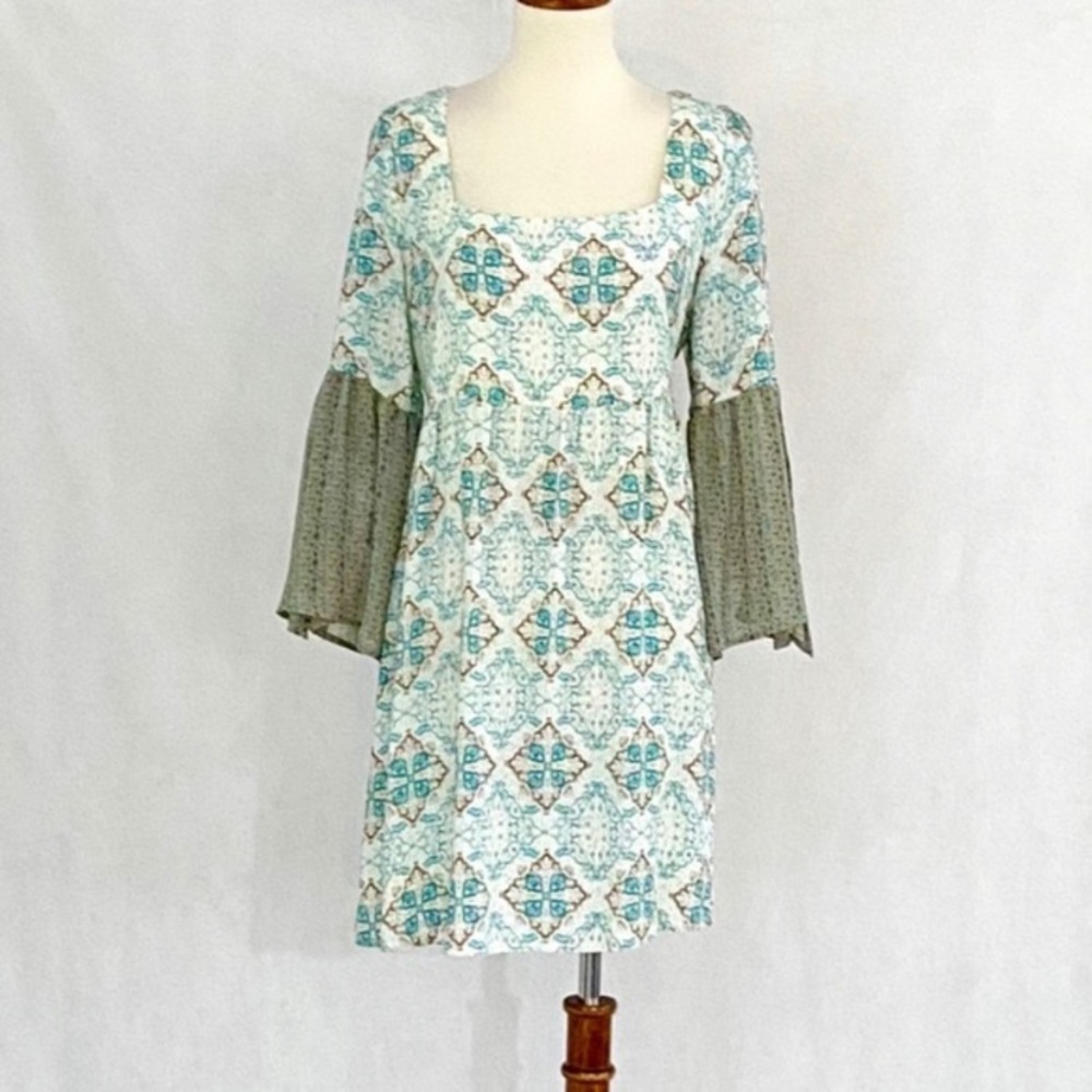 Umgee Aqua Teal Patterned Mini Dress with Olive Bell Sleeves